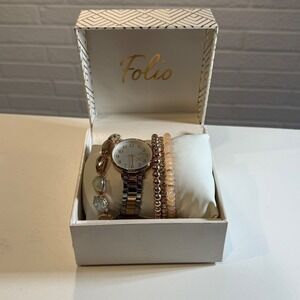 Folio Watch Bracelet Set Silver Rose Gold Tone‎ Womens Fashion Jewelry Gift
